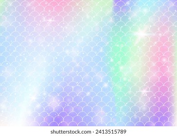 Kawaii mermaid background with princess rainbow scales pattern. Fish tail banner with magic sparkles and stars. Sea fantasy invitation for girlie party. Creative kawaii mermaid backdrop.