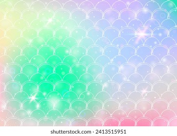 Kawaii mermaid background with princess rainbow scales pattern. Fish tail banner with magic sparkles and stars. Sea fantasy invitation for girlie party. Spectrum kawaii mermaid backdrop.