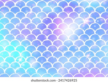 Kawaii mermaid background with princess rainbow scales pattern. Fish tail banner with magic sparkles and stars. Sea fantasy invitation for girlie party. Fluorescent kawaii mermaid backdrop.