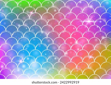 Kawaii mermaid background with princess rainbow scales pattern. Fish tail banner with magic sparkles and stars. Sea fantasy invitation for girlie party. Spectrum kawaii mermaid backdrop.
