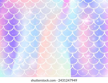 Kawaii mermaid background with princess rainbow scales pattern. Fish tail banner with magic sparkles and stars. Sea fantasy invitation for girlie party. Pearlescent kawaii mermaid backdrop.