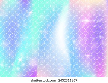 Kawaii mermaid background with princess rainbow scales pattern. Fish tail banner with magic sparkles and stars. Sea fantasy invitation for girlie party. Fluorescent kawaii mermaid backdrop.