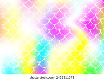 Kawaii mermaid background with princess rainbow scales pattern. Fish tail banner with magic sparkles and stars. Sea fantasy invitation for girlie party. Hipster kawaii mermaid backdrop.