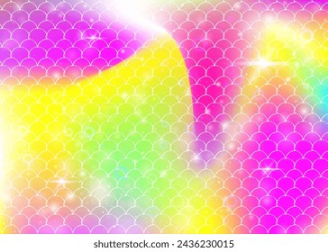 Kawaii mermaid background with princess rainbow scales pattern. Fish tail banner with magic sparkles and stars. Sea fantasy invitation for girlie party. Plastic kawaii mermaid backdrop.