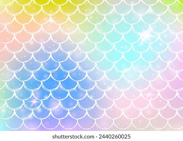 Kawaii mermaid background with princess rainbow scales pattern. Fish tail banner with magic sparkles and stars. Sea fantasy invitation for girlie party. Bright kawaii mermaid backdrop.