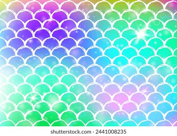 Kawaii mermaid background with princess rainbow scales pattern. Fish tail banner with magic sparkles and stars. Sea fantasy invitation for girlie party. Hipster kawaii mermaid backdrop.