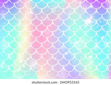 Kawaii mermaid background with princess rainbow scales pattern. Fish tail banner with magic sparkles and stars. Sea fantasy invitation for girlie party. Iridescent kawaii mermaid backdrop.