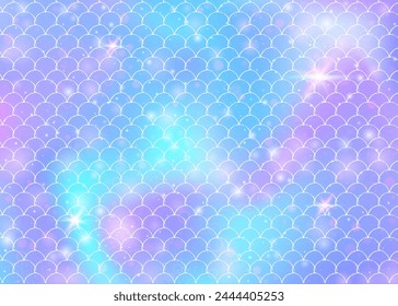 Kawaii mermaid background with princess rainbow scales pattern. Fish tail banner with magic sparkles and stars. Sea fantasy invitation for girlie party. Colorful kawaii mermaid backdrop.