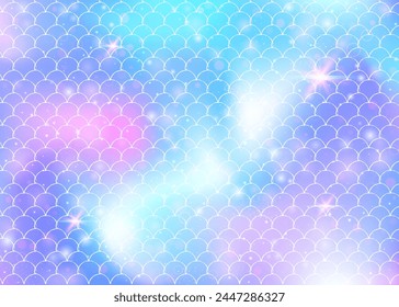 Kawaii mermaid background with princess rainbow scales pattern. Fish tail banner with magic sparkles and stars. Sea fantasy invitation for girlie party. Multicolor kawaii mermaid backdrop.