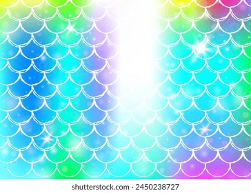 Kawaii mermaid background with princess rainbow scales pattern. Fish tail banner with magic sparkles and stars. Sea fantasy invitation for girlie party. Pearlescent kawaii mermaid backdrop.