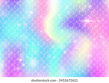 Kawaii mermaid background with princess rainbow scales pattern. Fish tail banner with magic sparkles and stars. Sea fantasy invitation for girlie party. Colorful kawaii mermaid backdrop.