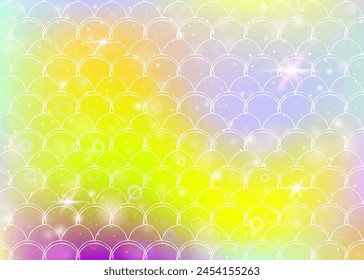 Kawaii mermaid background with princess rainbow scales pattern. Fish tail banner with magic sparkles and stars. Sea fantasy invitation for girlie party. Pearlescent kawaii mermaid backdrop.