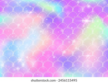 Kawaii mermaid background with princess rainbow scales pattern. Fish tail banner with magic sparkles and stars. Sea fantasy invitation for girlie party. Colorful kawaii mermaid backdrop.