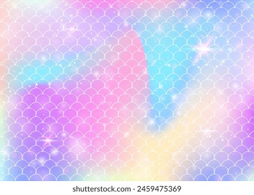 Kawaii mermaid background with princess rainbow scales pattern. Fish tail banner with magic sparkles and stars. Sea fantasy invitation for girlie party. Retro kawaii mermaid backdrop.