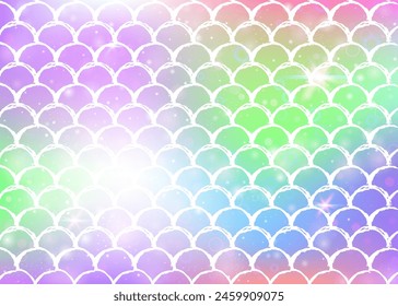 Kawaii mermaid background with princess rainbow scales pattern. Fish tail banner with magic sparkles and stars. Sea fantasy invitation for girlie party. Creative kawaii mermaid backdrop.