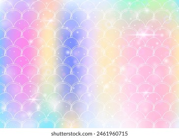 Kawaii mermaid background with princess rainbow scales pattern. Fish tail banner with magic sparkles and stars. Sea fantasy invitation for girlie party. Hipster kawaii mermaid backdrop.