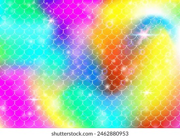 Kawaii mermaid background with princess rainbow scales pattern. Fish tail banner with magic sparkles and stars. Sea fantasy invitation for girlie party. Spectrum kawaii mermaid backdrop.