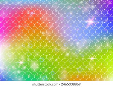 Kawaii mermaid background with princess rainbow scales pattern. Fish tail banner with magic sparkles and stars. Sea fantasy invitation for girlie party. Vibrant kawaii mermaid backdrop.
