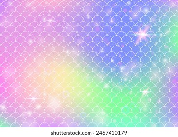 Kawaii mermaid background with princess rainbow scales pattern. Fish tail banner with magic sparkles and stars. Sea fantasy invitation for girlie party. Multicolor kawaii mermaid backdrop.
