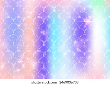 Kawaii mermaid background with princess rainbow scales pattern. Fish tail banner with magic sparkles and stars. Sea fantasy invitation for girlie party. Creative kawaii mermaid backdrop.