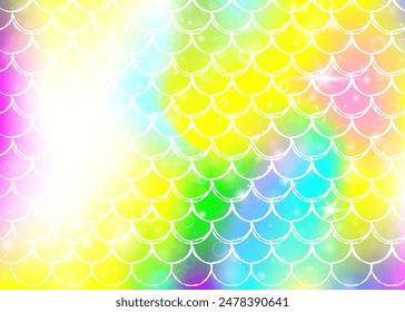 Kawaii mermaid background with princess rainbow scales pattern. Fish tail banner with magic sparkles and stars. Sea fantasy invitation for girlie party. Vibrant kawaii mermaid backdrop.
