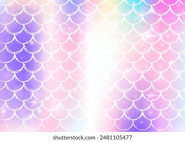 Kawaii mermaid background with princess rainbow scales pattern. Fish tail banner with magic sparkles and stars. Sea fantasy invitation for girlie party. Neon kawaii mermaid backdrop.