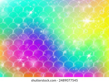 Kawaii mermaid background with princess rainbow scales pattern. Fish tail banner with magic sparkles and stars. Sea fantasy invitation for girlie party. Plastic kawaii mermaid backdrop.