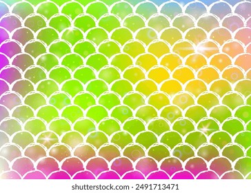 Kawaii mermaid background with princess rainbow scales pattern. Fish tail banner with magic sparkles and stars. Sea fantasy invitation for girlie party. Rainbow kawaii mermaid backdrop.