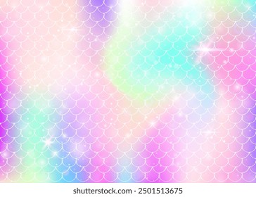 Kawaii mermaid background with princess rainbow scales pattern. Fish tail banner with magic sparkles and stars. Sea fantasy invitation for girlie party. Multicolor kawaii mermaid backdrop.