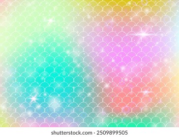 Fondo de sirena kawaii con patrón de escamas de arco iris de princesa. Anuncio de cola de pez con destellos mágicos y estrellas. Invitación de fantasía marina para fiesta de chicas. Colorido telón de fondo de sirena kawaii.