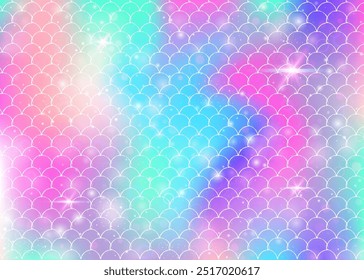 Fondo de sirena kawaii con patrón de escamas de arco iris de princesa. Anuncio de cola de pez con destellos mágicos y estrellas. Invitación de fantasía marina para fiesta de chicas. Fondo de sirena kawaii vibrante.