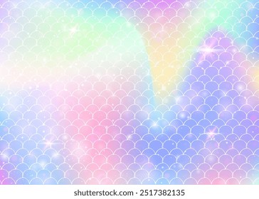 Fondo de sirena kawaii con patrón de escamas de arco iris de princesa. Anuncio de cola de pez con destellos mágicos y estrellas. Invitación de fantasía marina para fiesta de chicas. Telón de fondo de sirena kawaii hipster.