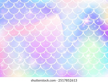 Fondo de sirena kawaii con patrón de escamas de arco iris de princesa. Anuncio de cola de pez con destellos mágicos y estrellas. Invitación de fantasía marina para fiesta de chicas. Fondo de sirena kawaii multicolor.