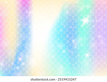 Fondo de sirena kawaii con patrón de escamas de arco iris de princesa. Anuncio de cola de pez con destellos mágicos y estrellas. Invitación de fantasía marina para fiesta de chicas. Fondo de sirena kawaii de plástico.