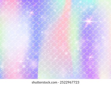 Fondo de sirena kawaii con patrón de escamas de arco iris de princesa. Anuncio de cola de pez con destellos mágicos y estrellas. Invitación de fantasía marina para fiesta de chicas. Fondo de sirena kawaii Espectro.