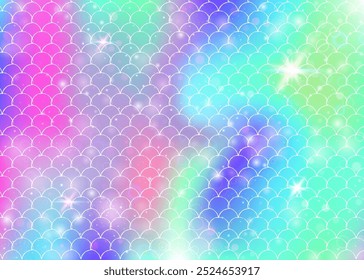 Fondo de sirena kawaii con patrón de escamas de arco iris de princesa. Anuncio de cola de pez con destellos mágicos y estrellas. Invitación de fantasía marina para fiesta de chicas. Fondo de sirena kawaii fluorescente.