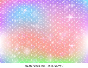 Fondo de sirena kawaii con patrón de escamas de arco iris de princesa. Anuncio de cola de pez con destellos mágicos y estrellas. Invitación de fantasía marina para fiesta de chicas. Fondo de sirena kawaii de moda.