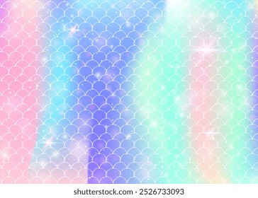 Fondo de sirena kawaii con patrón de escamas de arco iris de princesa. Anuncio de cola de pez con destellos mágicos y estrellas. Invitación de fantasía marina para fiesta de chicas. Fondo de sirena kawaii de plástico.