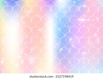 Fondo de sirena kawaii con patrón de escamas de arco iris de princesa. Anuncio de cola de pez con destellos mágicos y estrellas. Invitación de fantasía marina para fiesta de chicas. Fondo de sirena kawaii futurista.