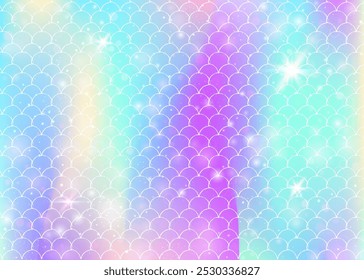 Fondo de sirena kawaii con patrón de escamas de arco iris de princesa. Anuncio de cola de pez con destellos mágicos y estrellas. Invitación de fantasía marina para fiesta de chicas. Fondo de sirena kawaii futurista.