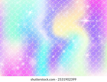 Fondo de sirena kawaii con patrón de escamas de arco iris de princesa. Anuncio de cola de pez con destellos mágicos y estrellas. Invitación de fantasía marina para fiesta de chicas. Fondo de sirena kawaii futurista.