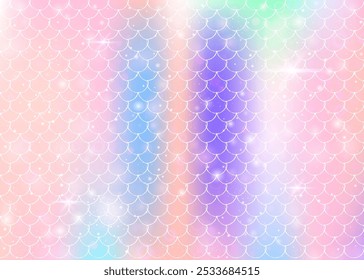 Kawaii mermaid background with princess rainbow scales pattern. Fish tail banner with magic sparkles and stars. Sea fantasy invitation for girlie party. Spectrum kawaii mermaid backdrop.