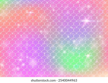 Fondo de sirena kawaii con patrón de escamas de arco iris de princesa. Anuncio de cola de pez con destellos mágicos y estrellas. Invitación de fantasía marina para fiesta de chicas. Colorido telón de fondo de sirena kawaii.