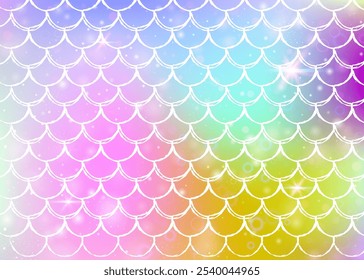 Kawaii mermaid background with princess rainbow scales pattern. Fish tail banner with magic sparkles and stars. Sea fantasy invitation for girlie party. Bright kawaii mermaid backdrop.