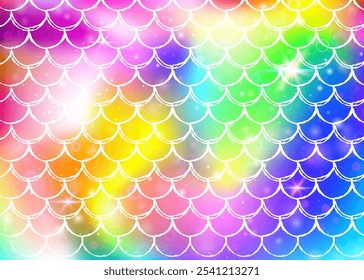 Kawaii mermaid background with princess rainbow scales pattern. Fish tail banner with magic sparkles and stars. Sea fantasy invitation for girlie party. Neon kawaii mermaid backdrop.