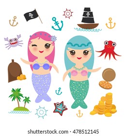 Kawaii Mermaid with blue and pink hair cute kawaii girl pirate boat with sail, gold coins crab octopus starfish island with palm trees anchor compass anchor helm treasures on white background. Vector