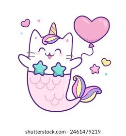 Kawaii Mermaid Cat Unicorn with heart balloon in pastel color style vector. Cute cartoon Kitten Unicorn with fish tail.  Happy Mermaid Unicorn for greeting card design, kids, apparel prints