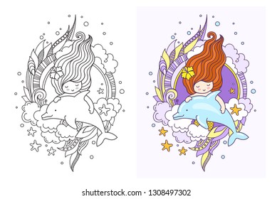 Kawaii mermaid with dolphin. Doodle composition for print, banner, shop, notebook, children's book, t-shirt, tattoo, poster. Vector illustration.