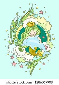 Kawaii mermaid with dolphin. Postcard, poster, banner, picture, print. Vector illustration.