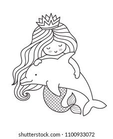 Kawaii mermaid, hugging dolphin. Cartoon character. Outline illustration.